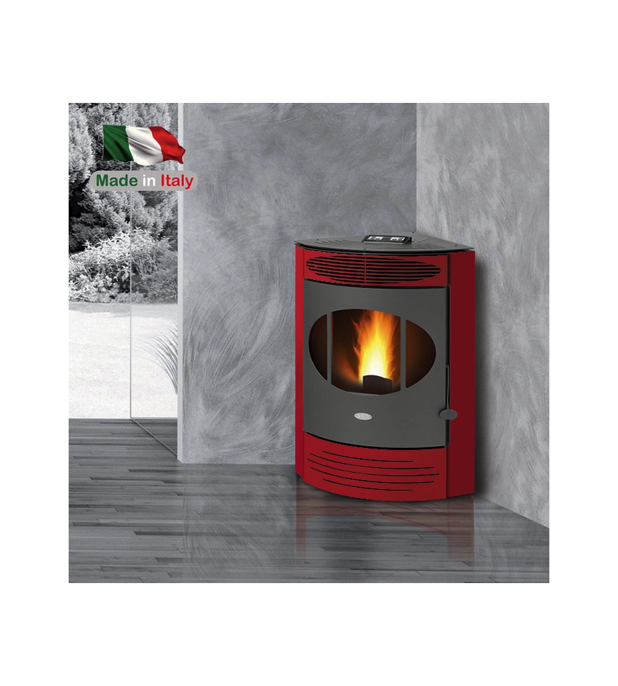 Stufa a pellet angolare ventilata caris "gemma" bordeaux 10,5 kw